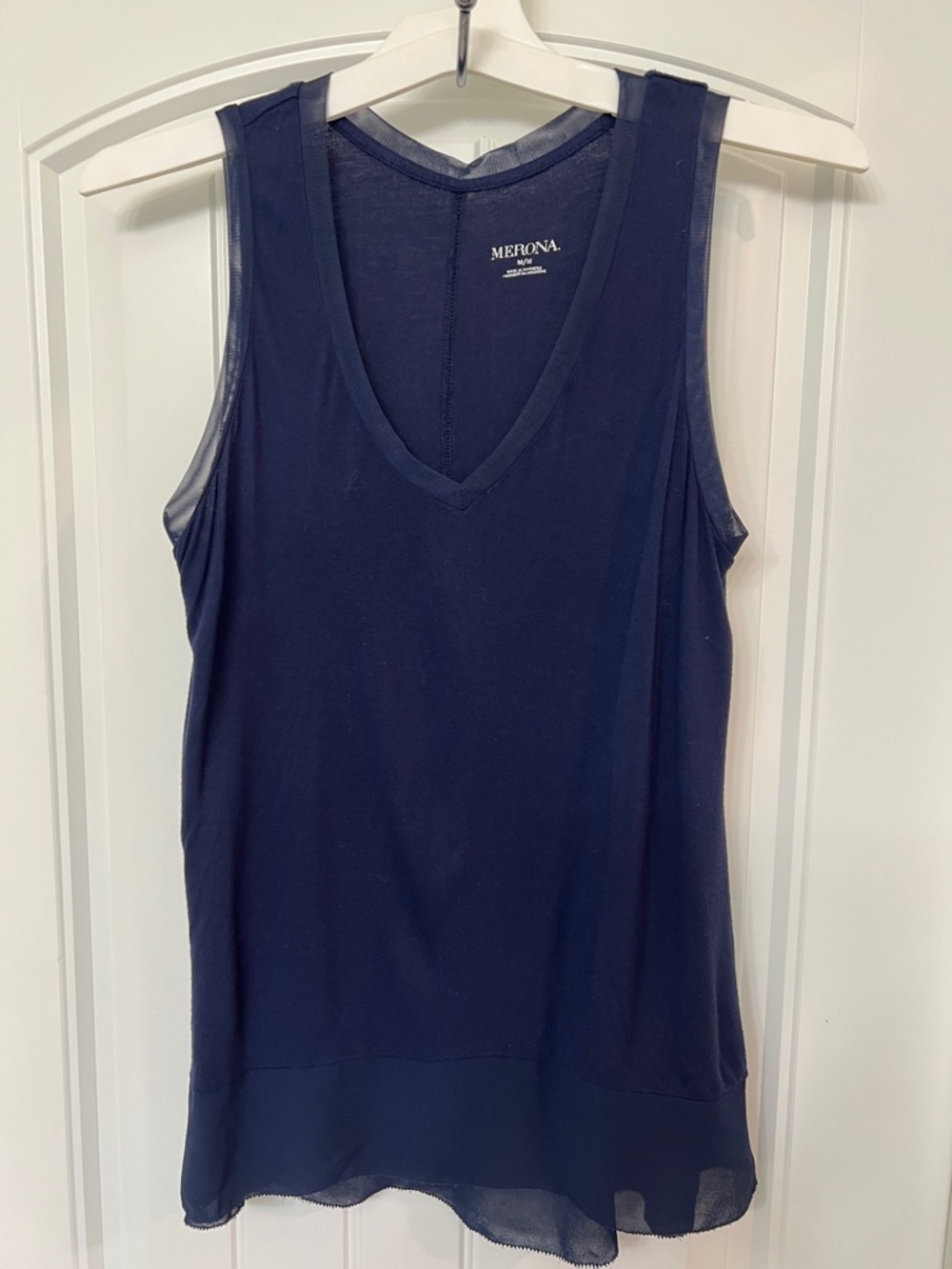 Merona‎ Navy Blue Mixed Media V-neck Tank Top [M] Rayon Sheer Trim Hem